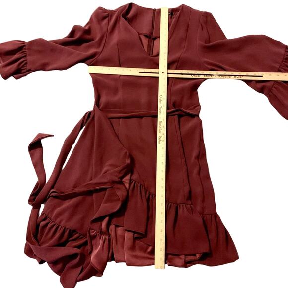 Drew Mai Drape Sleeve & Ruffle Mini Dress Small Women Burgundy Wine Tie Wrap - Picture 12 of 16